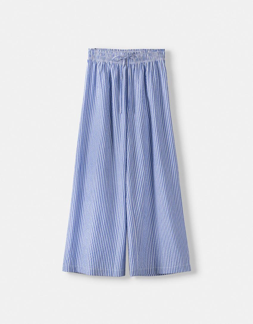 Straight-leg striped trousers with elasticated waist-Blue-4