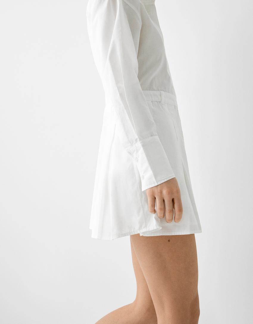 Vestido camiseiro mini popelina pregas cinto-Branco-3