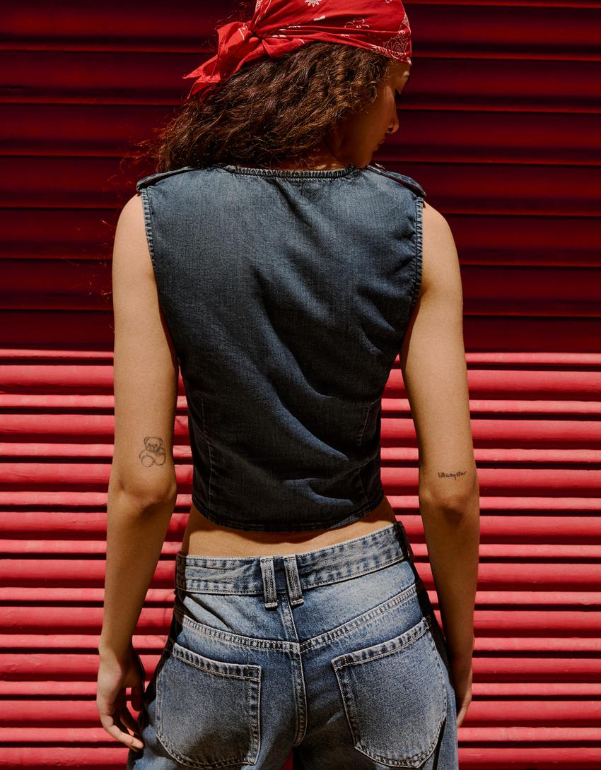Denim buttoned waistcoat-Light blue