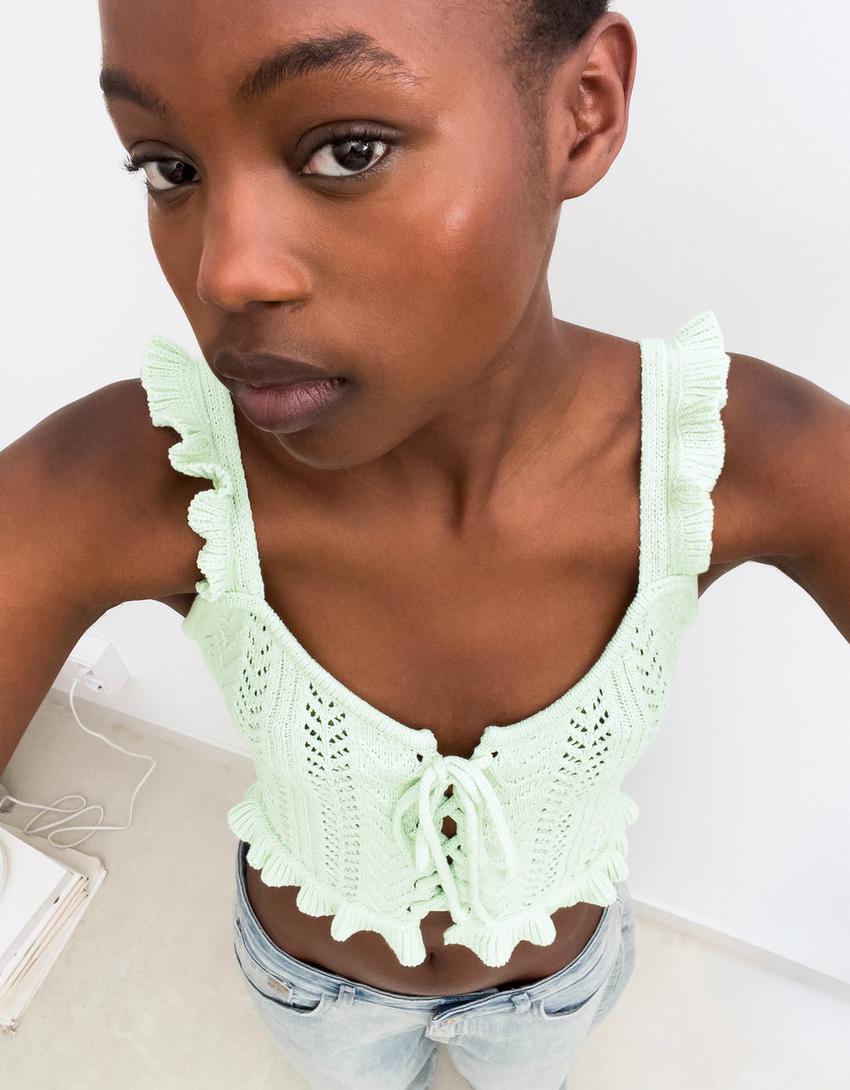Ruffled top with ties-Green-0