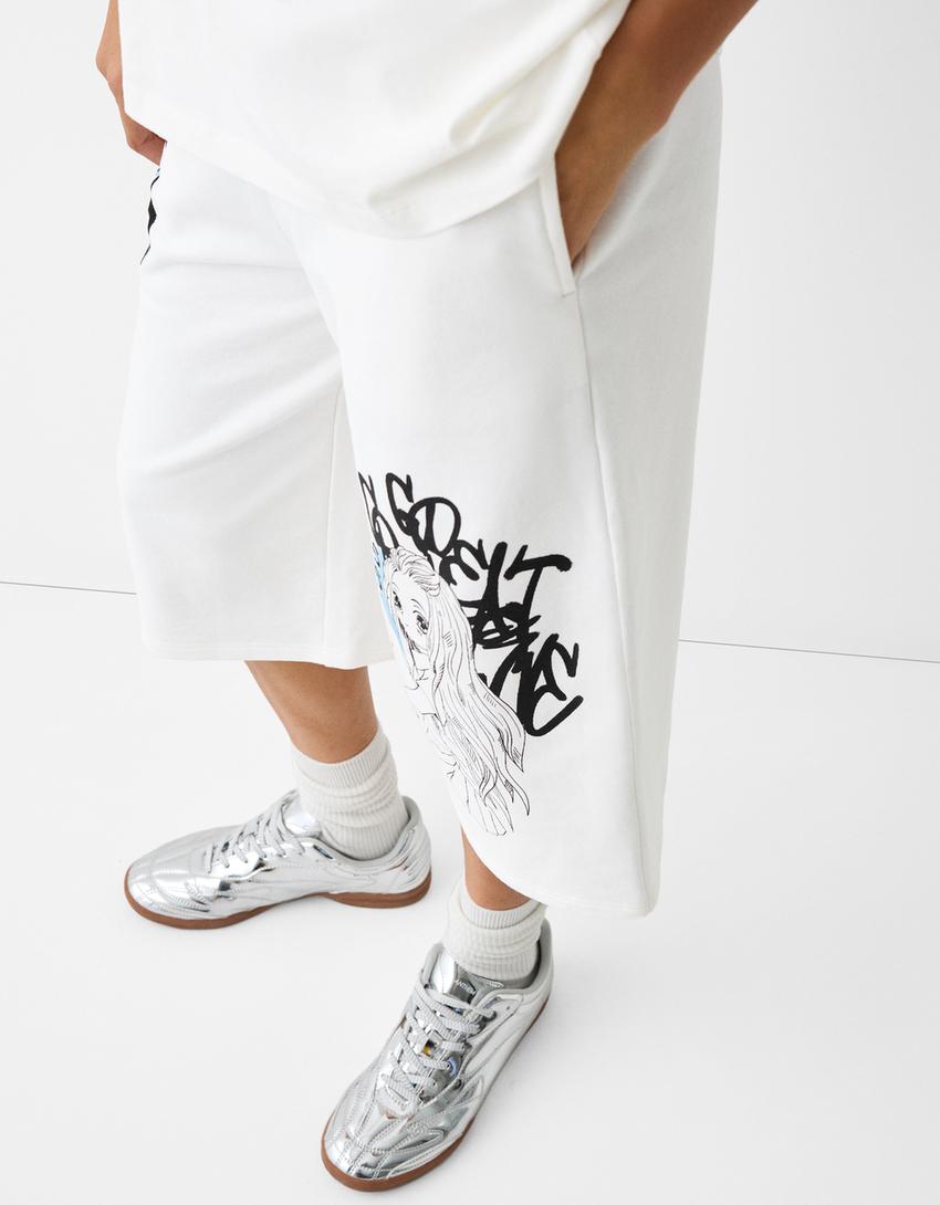 برمودا رياضي قطيفة بطبعة-أبيض مطفي-3