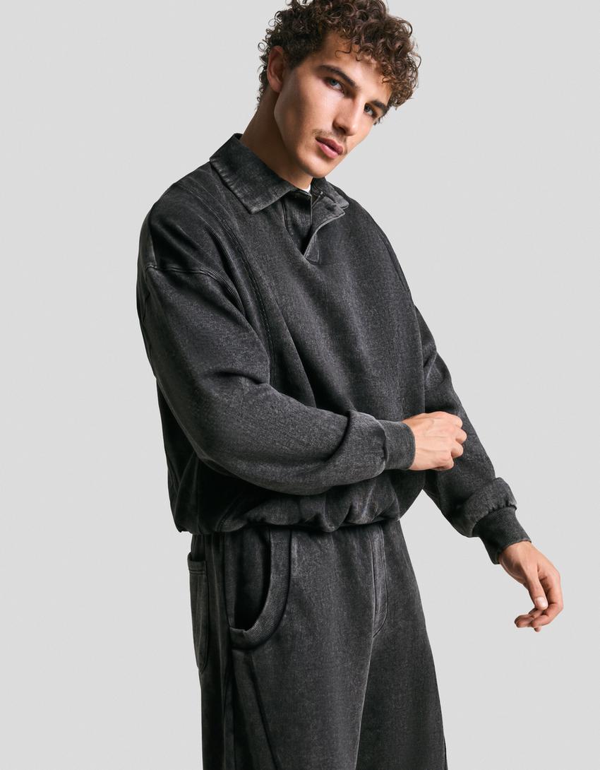 Oversize-Sweatshirt mit Polo-Kragen-Grau-0
