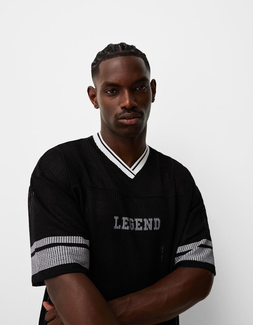 טי שירט מבד רשת ספורט אוברסייז עם שרוולים קצרים-שחור-2