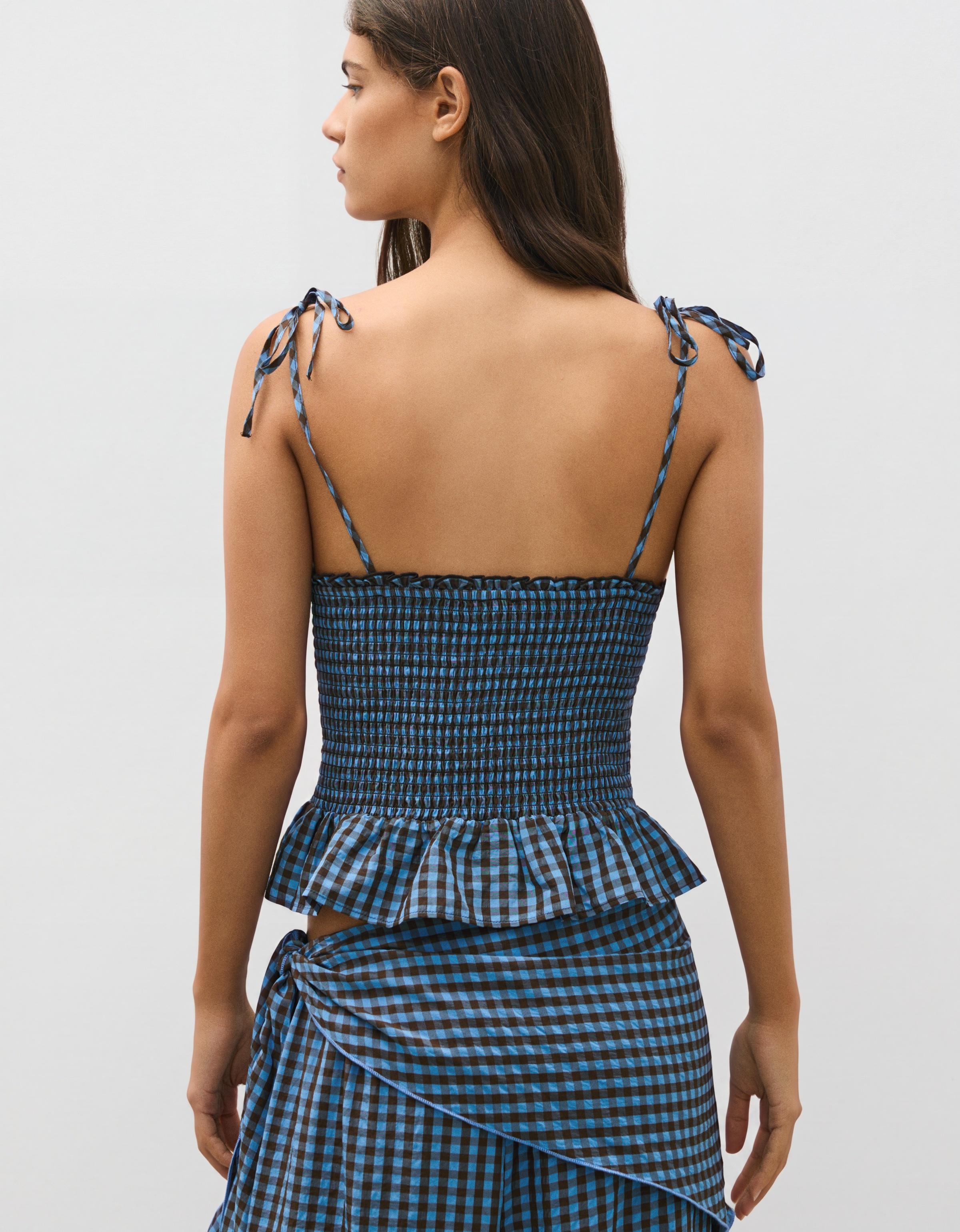 Smocked check strappy top — Blue