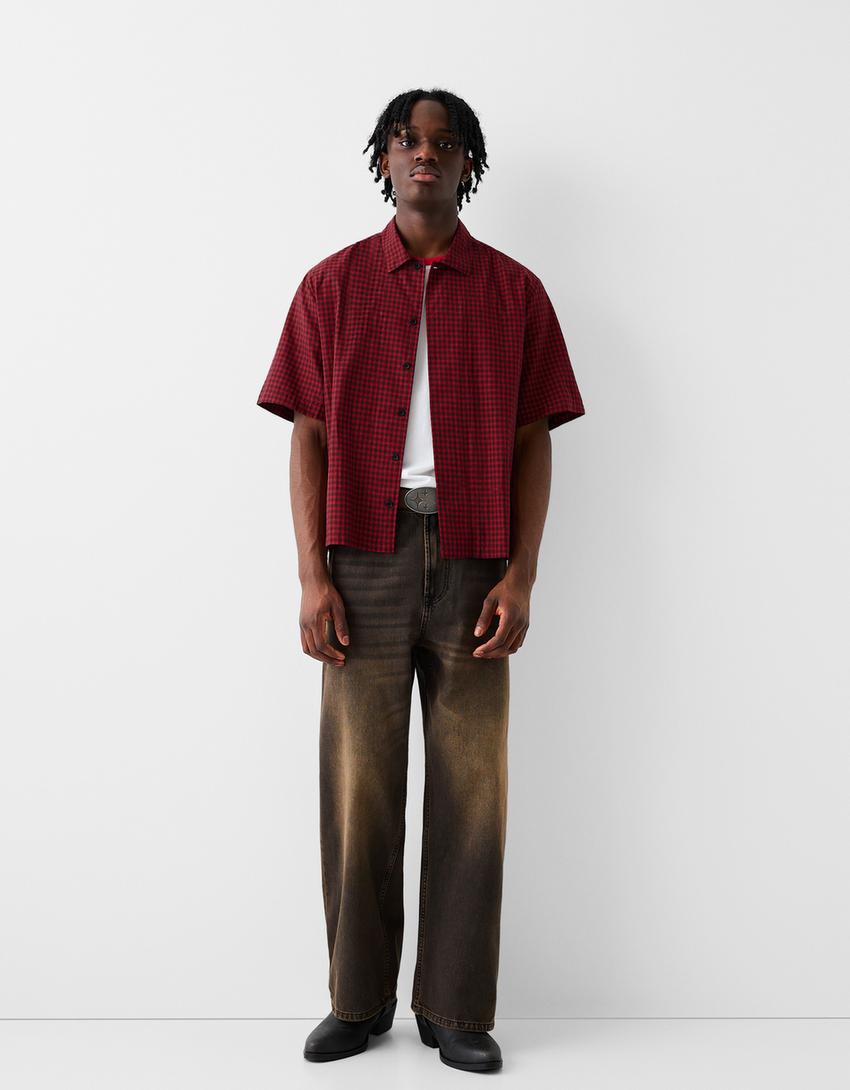 Check shirt with 3/4 length sleeves-Red-3