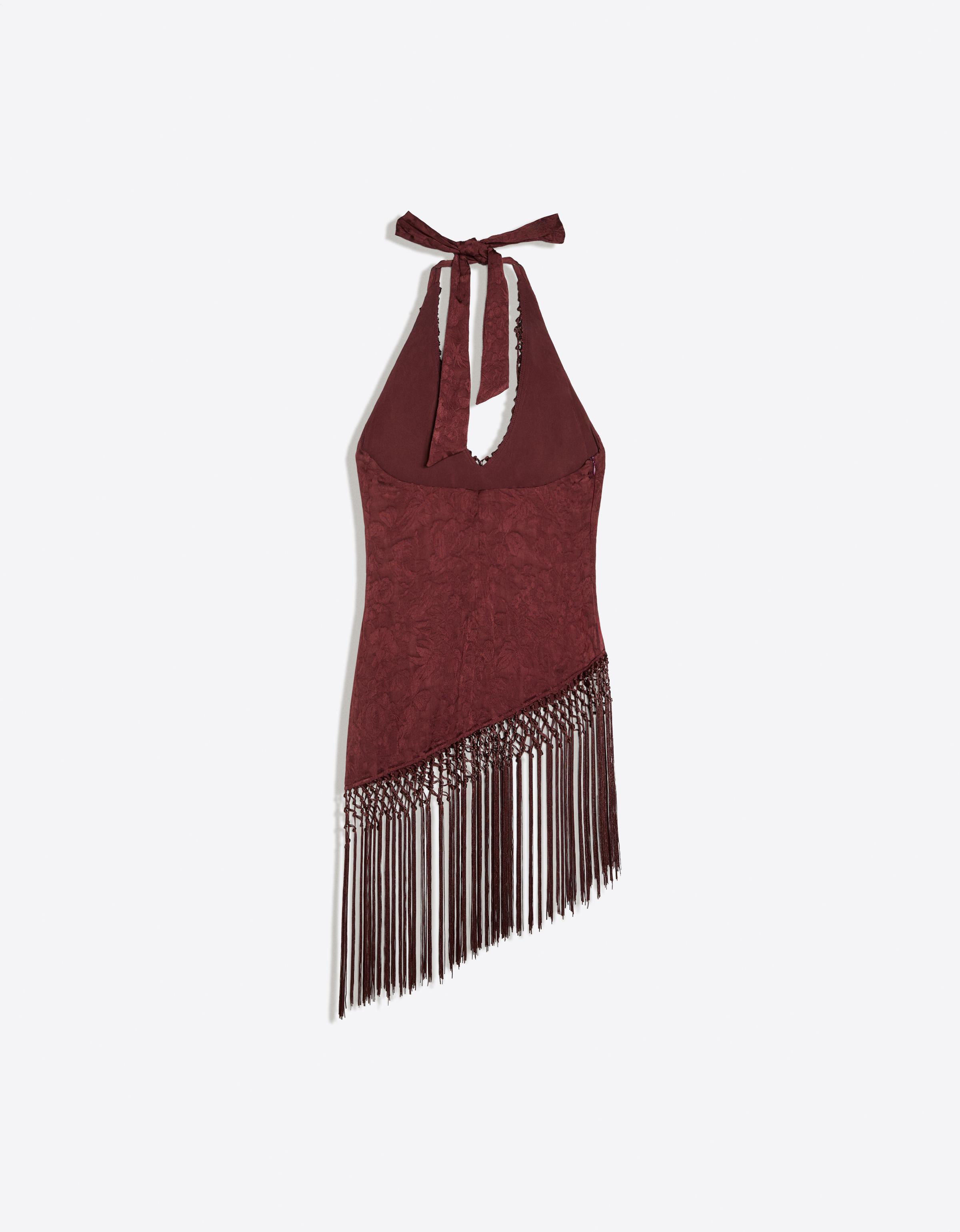 MARINA SENA fringed jacquard halter top — Maroon
