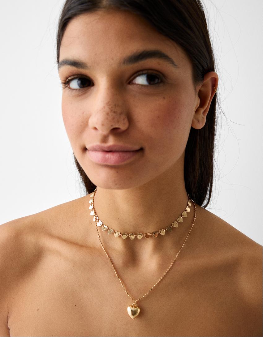 طقم من 3 قلادات قلب بأحجار الراين-ذهبي-1