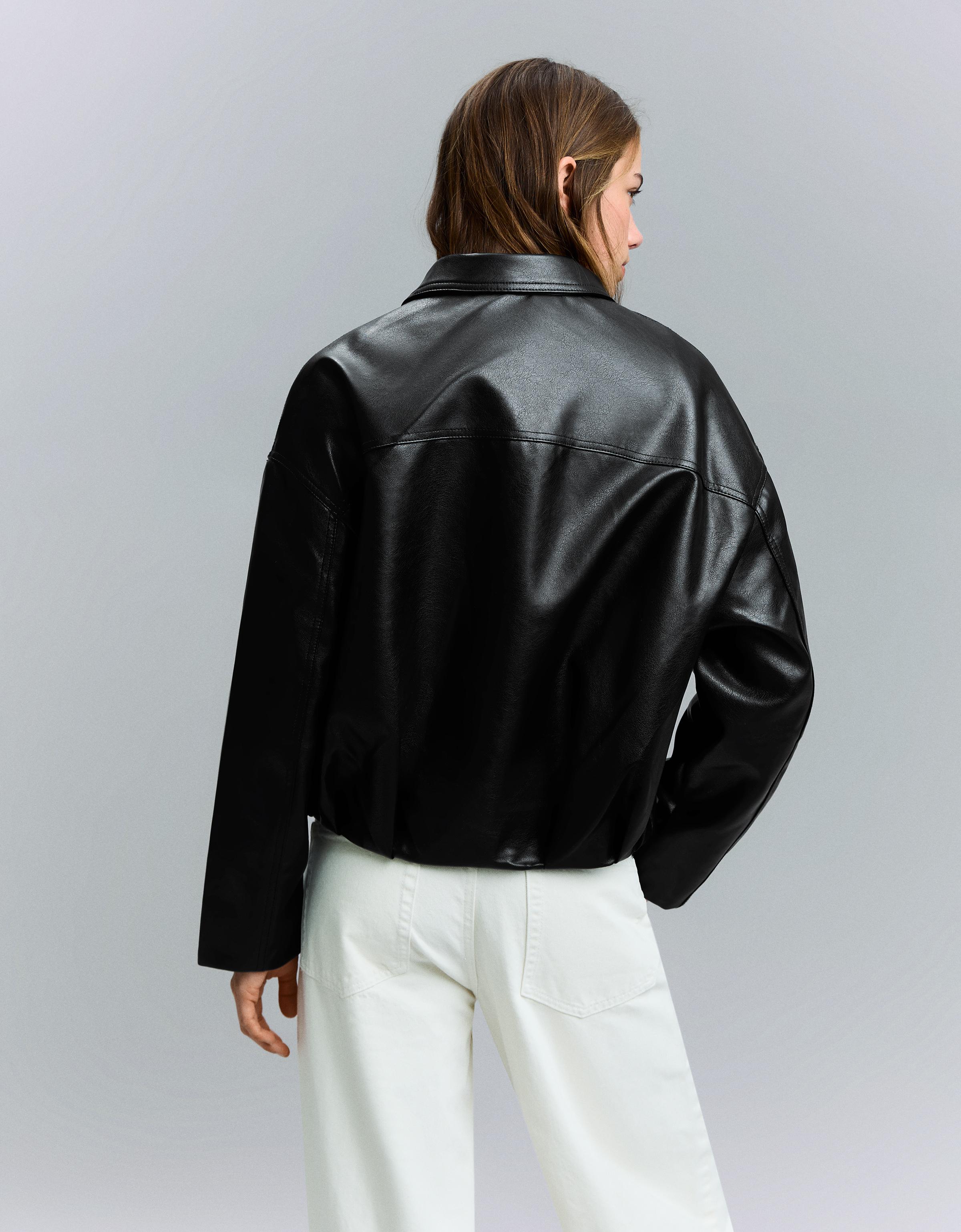 Leather effect bomber jacket with belt — Black