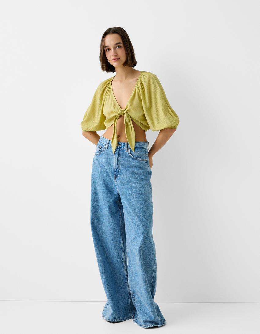 Textured shirt with knot-Green-3