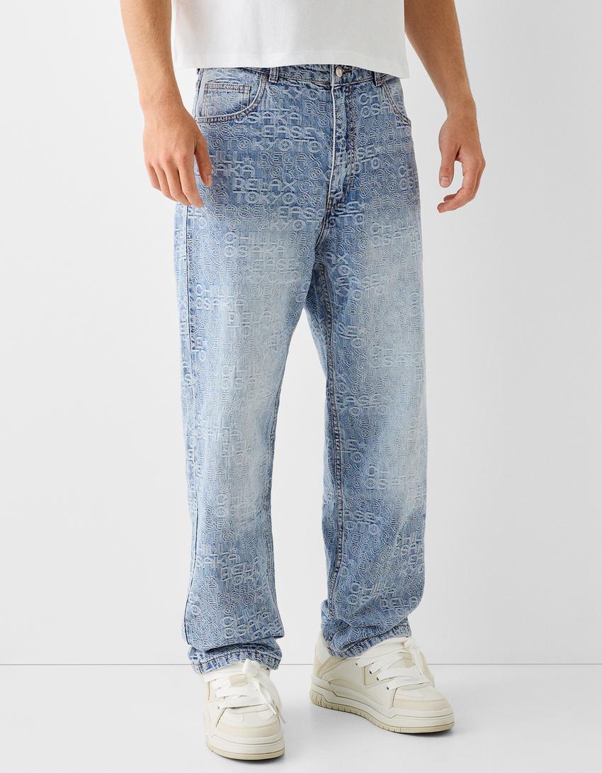 جينز فضفاض بطبعة جاكار-أزرق فاتح-1