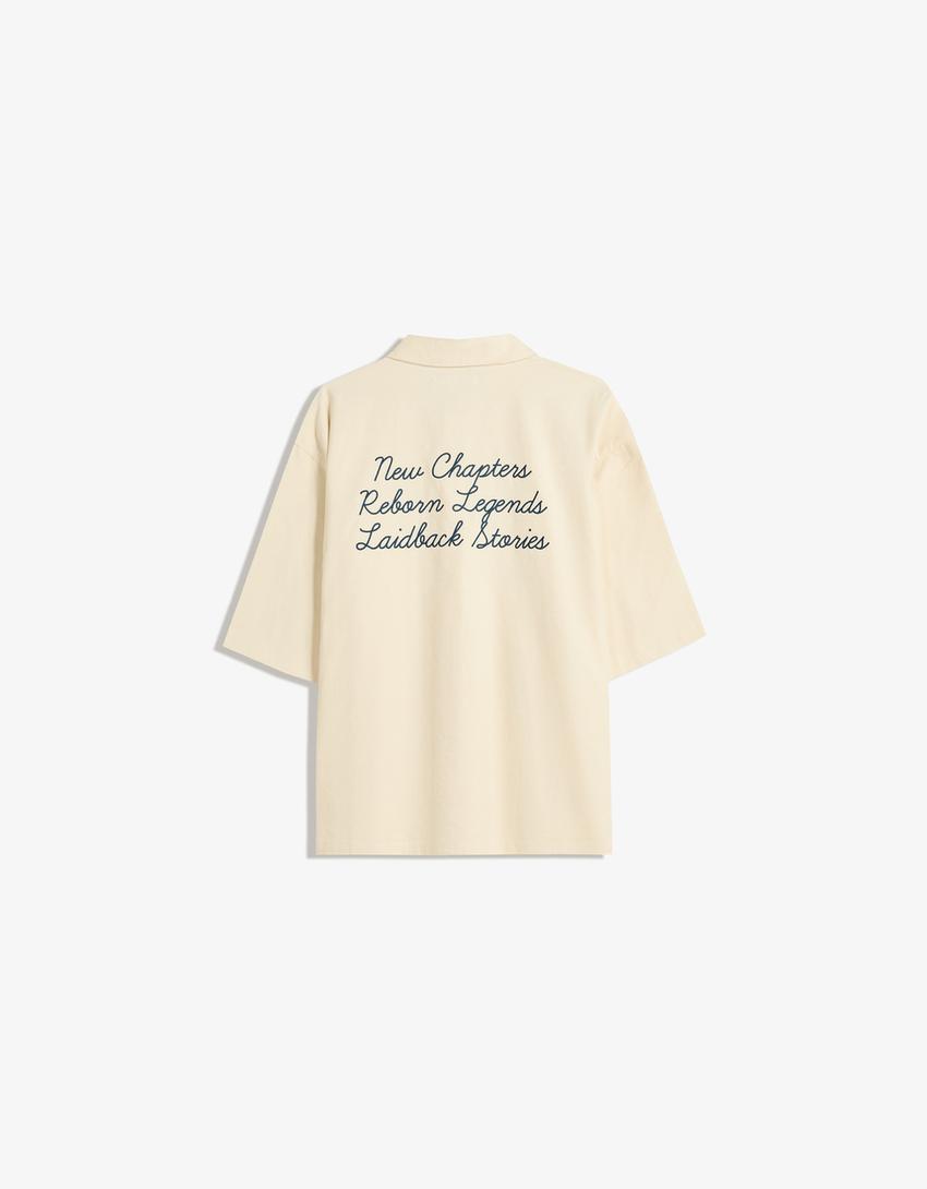 Short-sleeve embroidered corduroy shirt-Cream