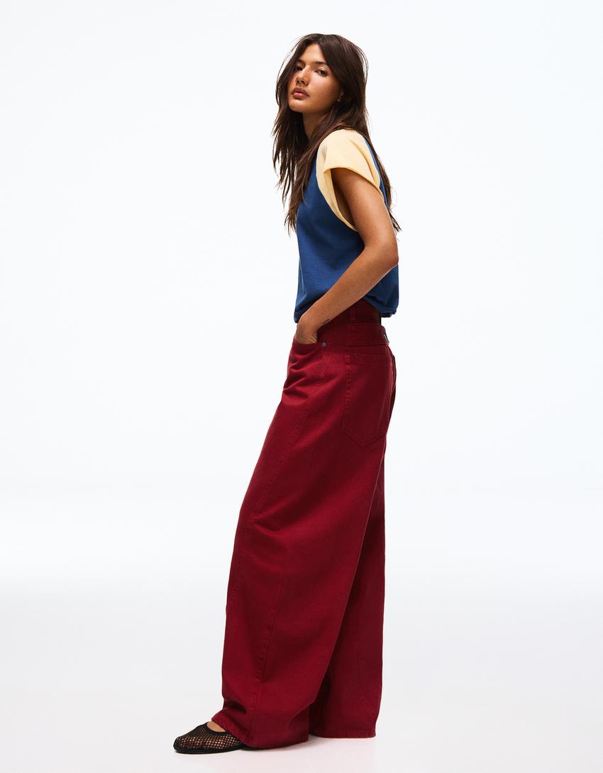 Barrel trousers with back buckle-Red