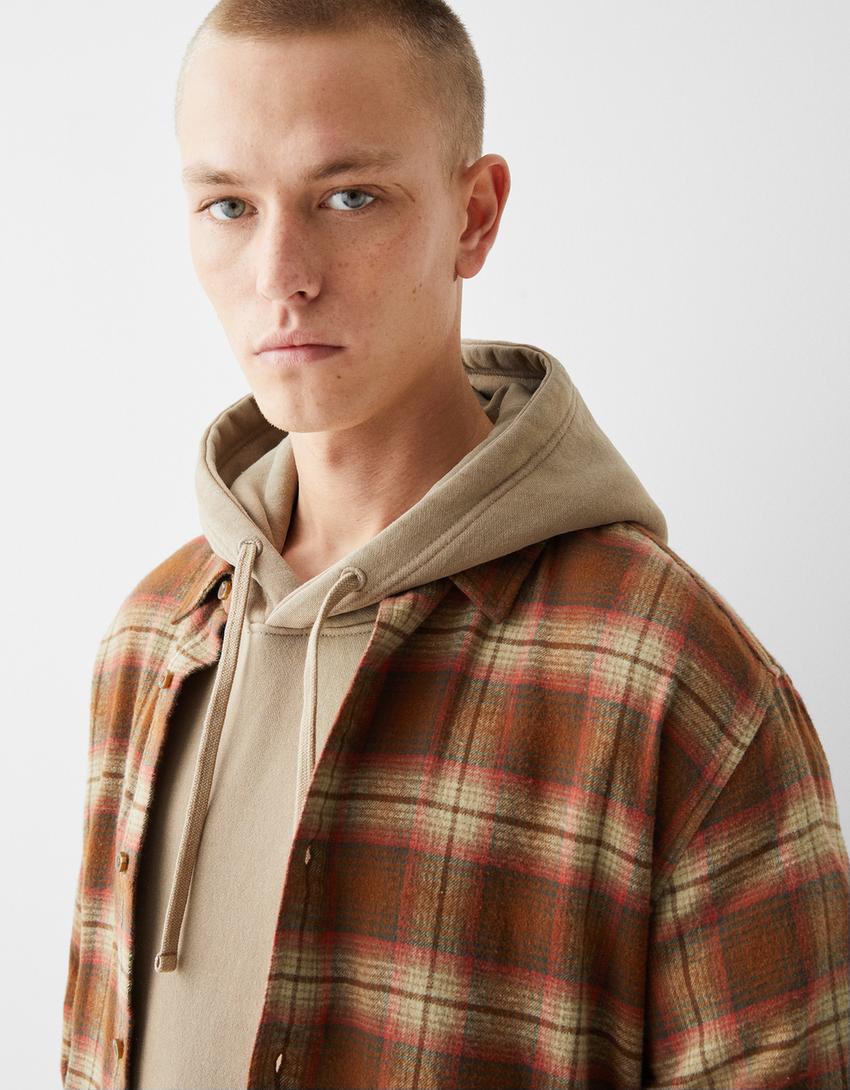 Cropped long sleeve check shirt-Brown