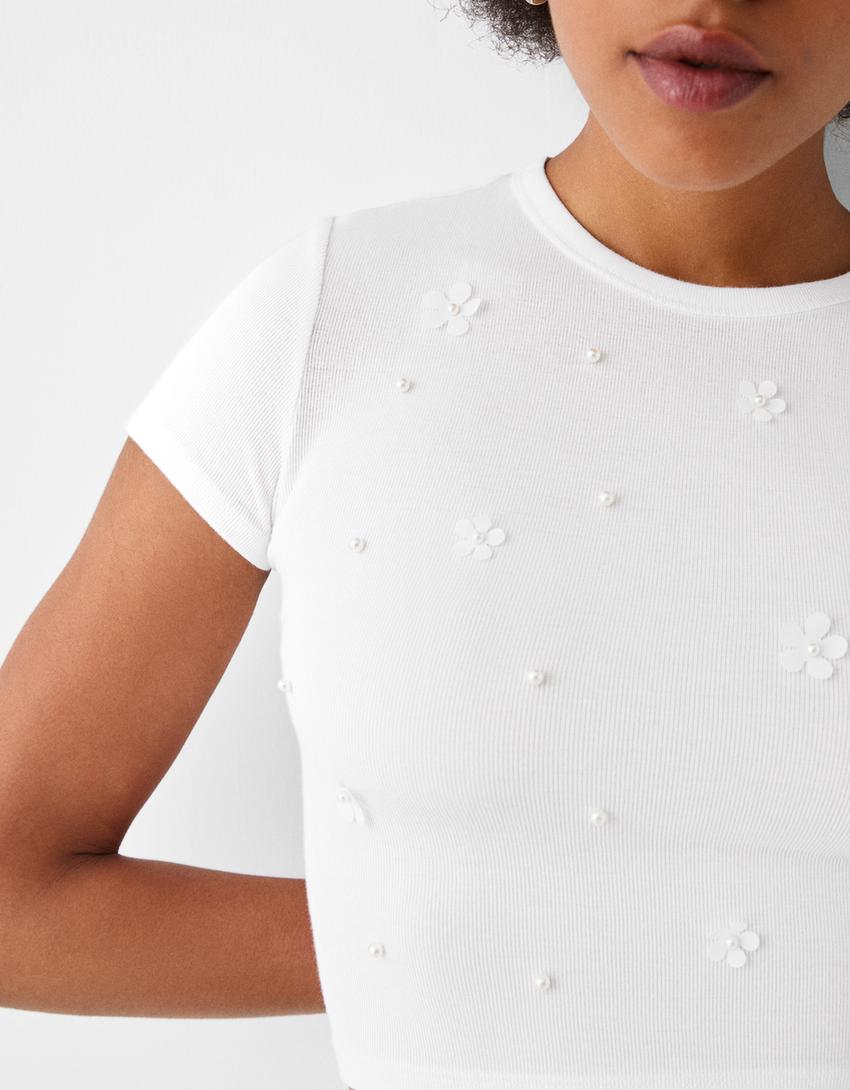 Cropped short sleeve T-shirt with detail-Cream-5