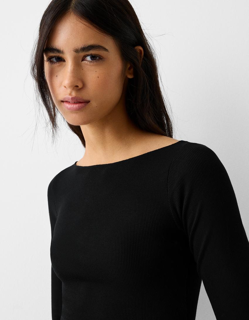 فستان ميدي محاك ومضلع بأكمام طويلة وياقة بوت-أسود-5