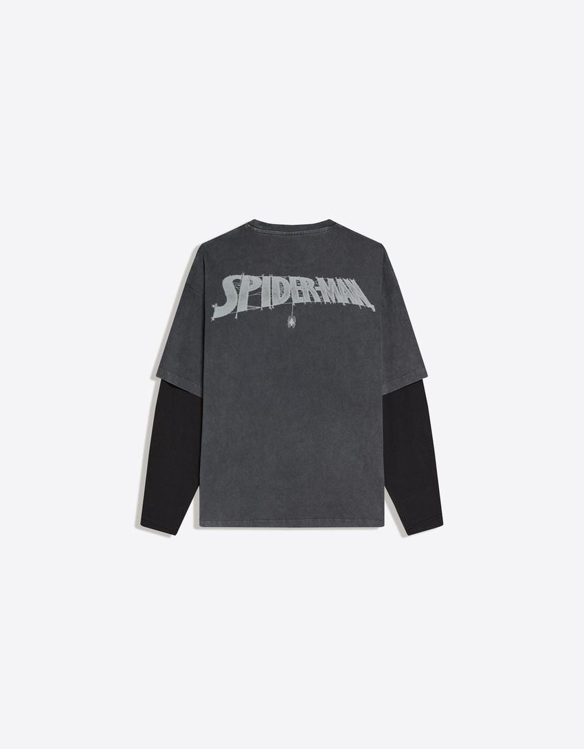 Camiseta homem-aranha manga comprida estampa dupla-Cinza