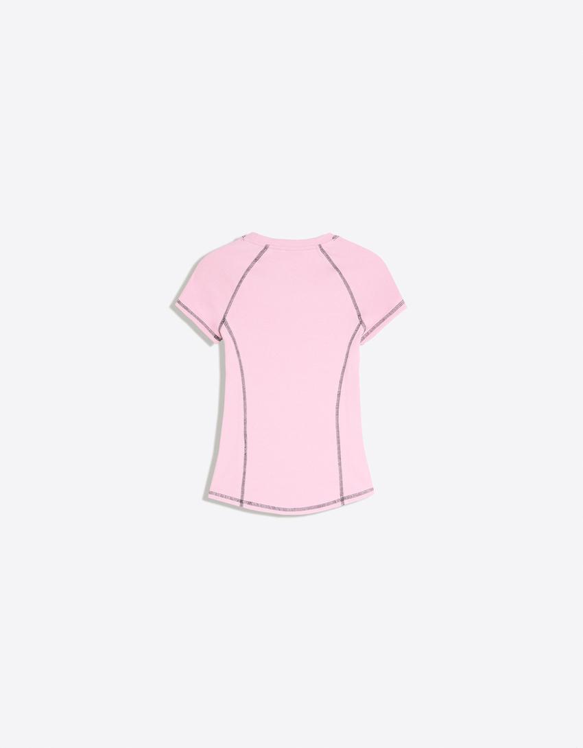 Printed short raglan sleeve T-shirt-Pink