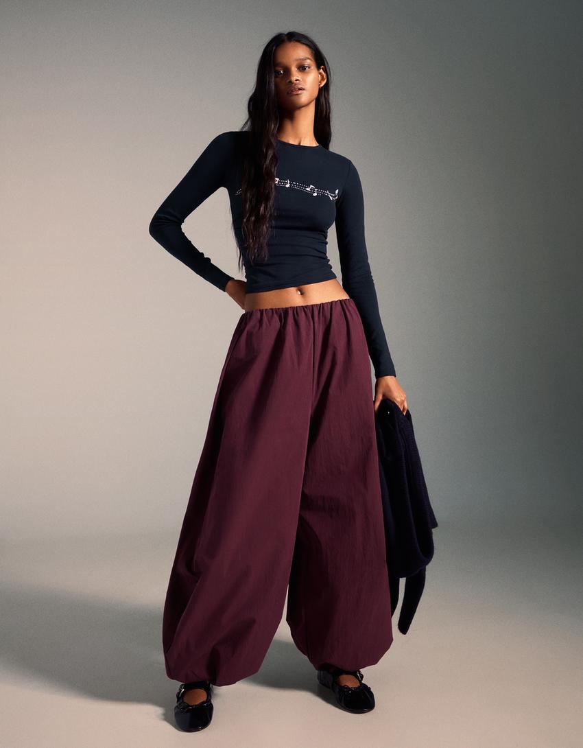 Long sleeve ruched print T-shirt-Navy