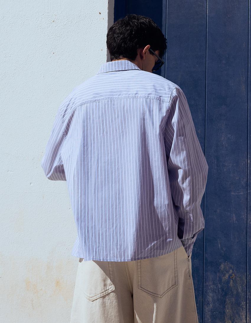 Uzun kollu nakışlı boxy fit gömlek-Açık mavi