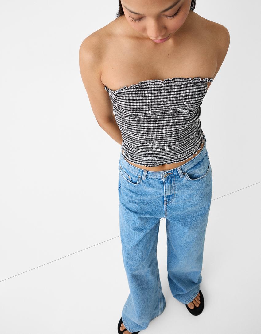 Shirred elastic linen blend top-White / Black-5