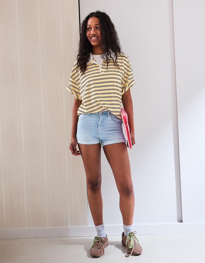 Katlanabilir paçalı denim şort-Açık mavi