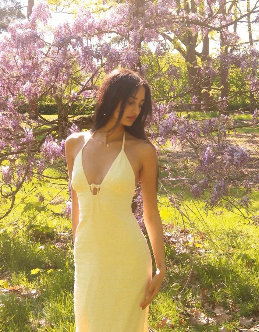 Linen blend halter midi dress with tie detail-Yellow-0