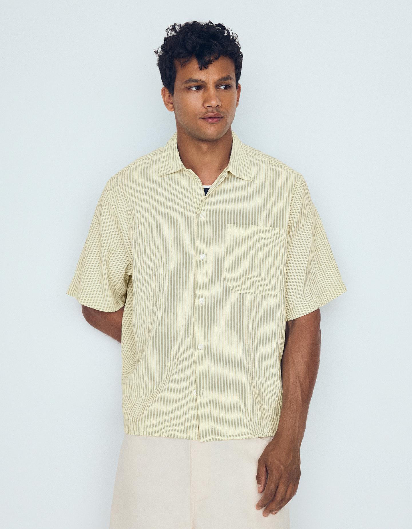 Bershka Camisa Manga Corta Boxy Fit Rayas Hombre Verde