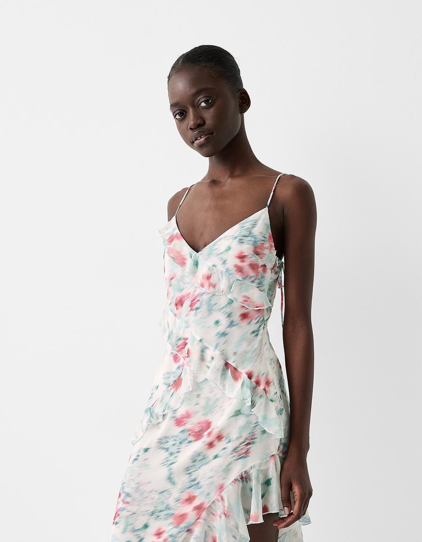 فستان متوسط الطول بطبعة زهور وكشكش-متعدد الألوان-1