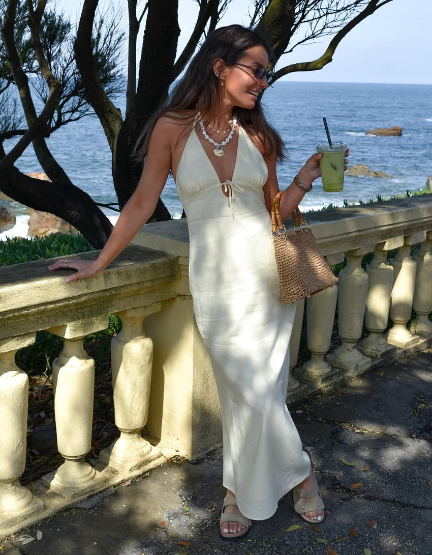Vestido midi halter de laçada com linho-Amarelo-1