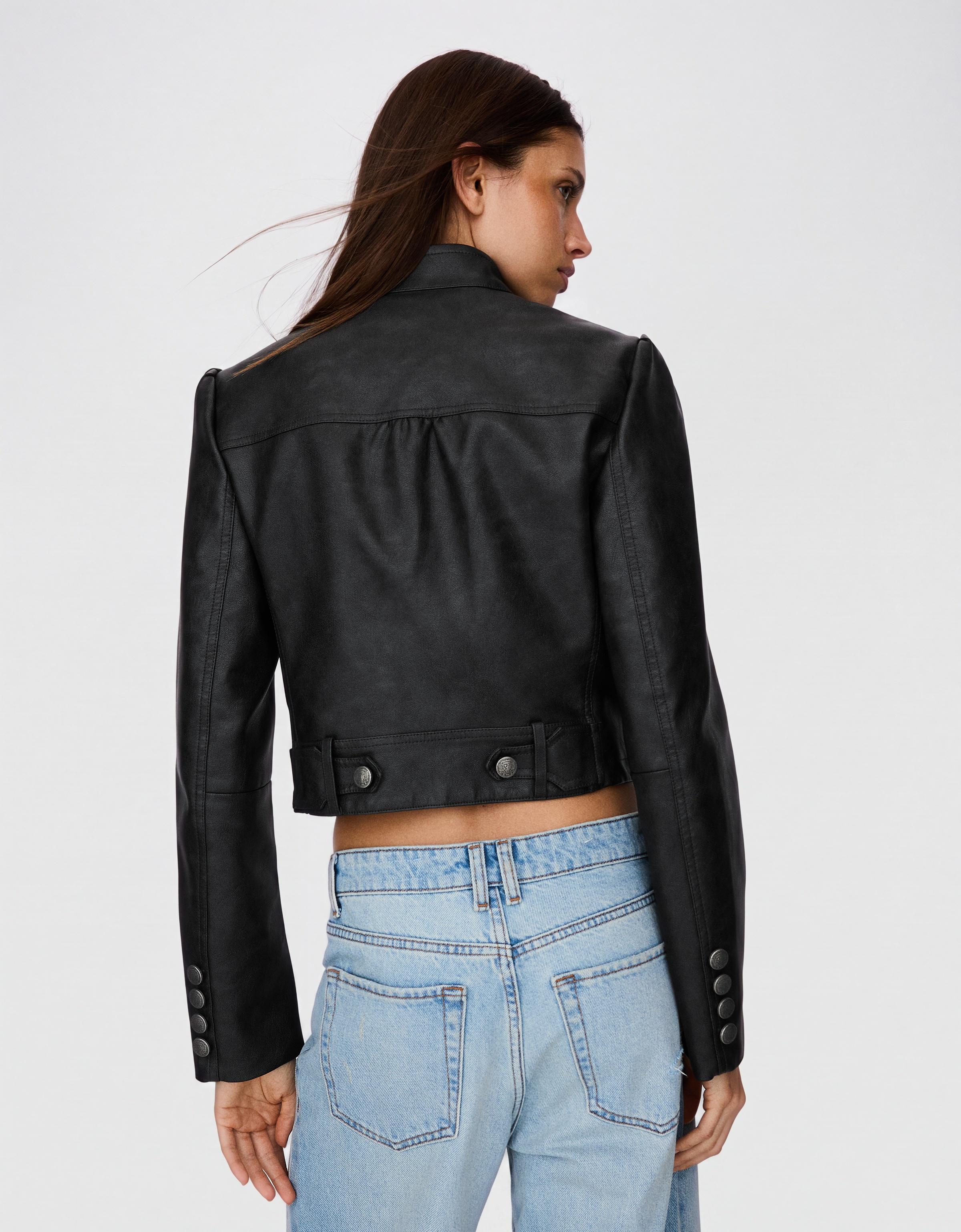 Buttoned leather effect jacket — Dark grey