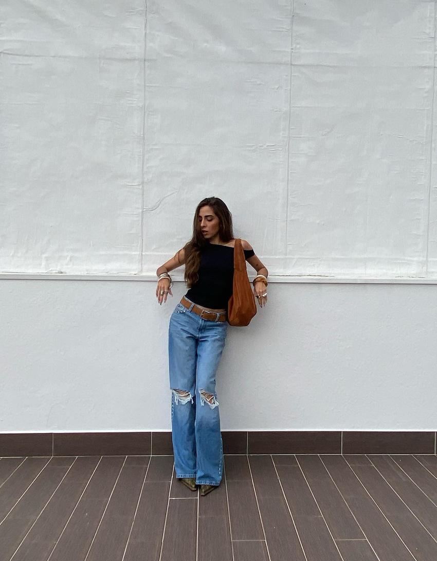 Wide leg jeans met studs en scheuren-Gewassen blauw-1