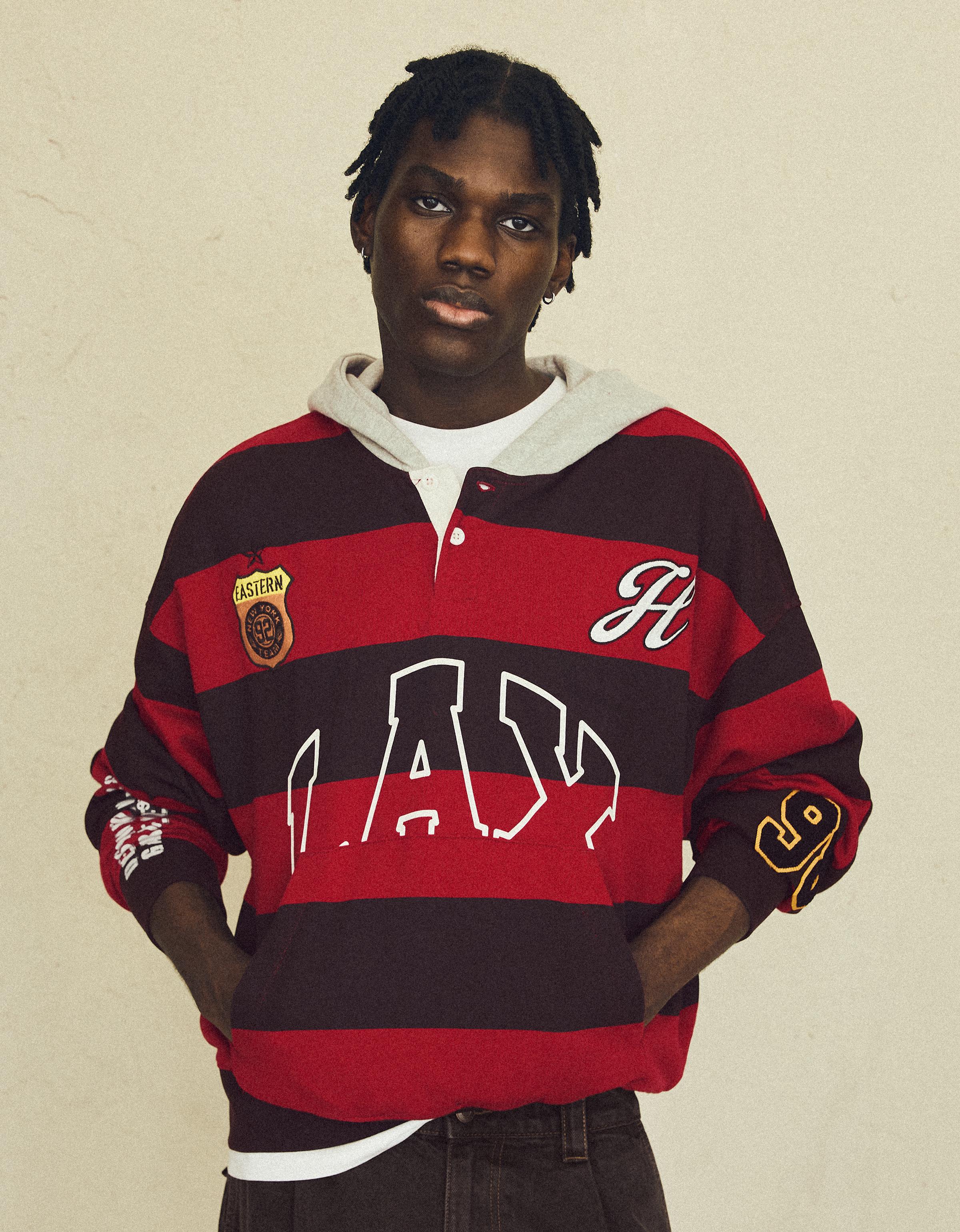 Contrast striped hood sweatshirt — Red