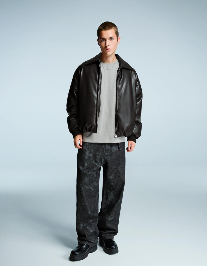 Leather effect puffer jacket-Black