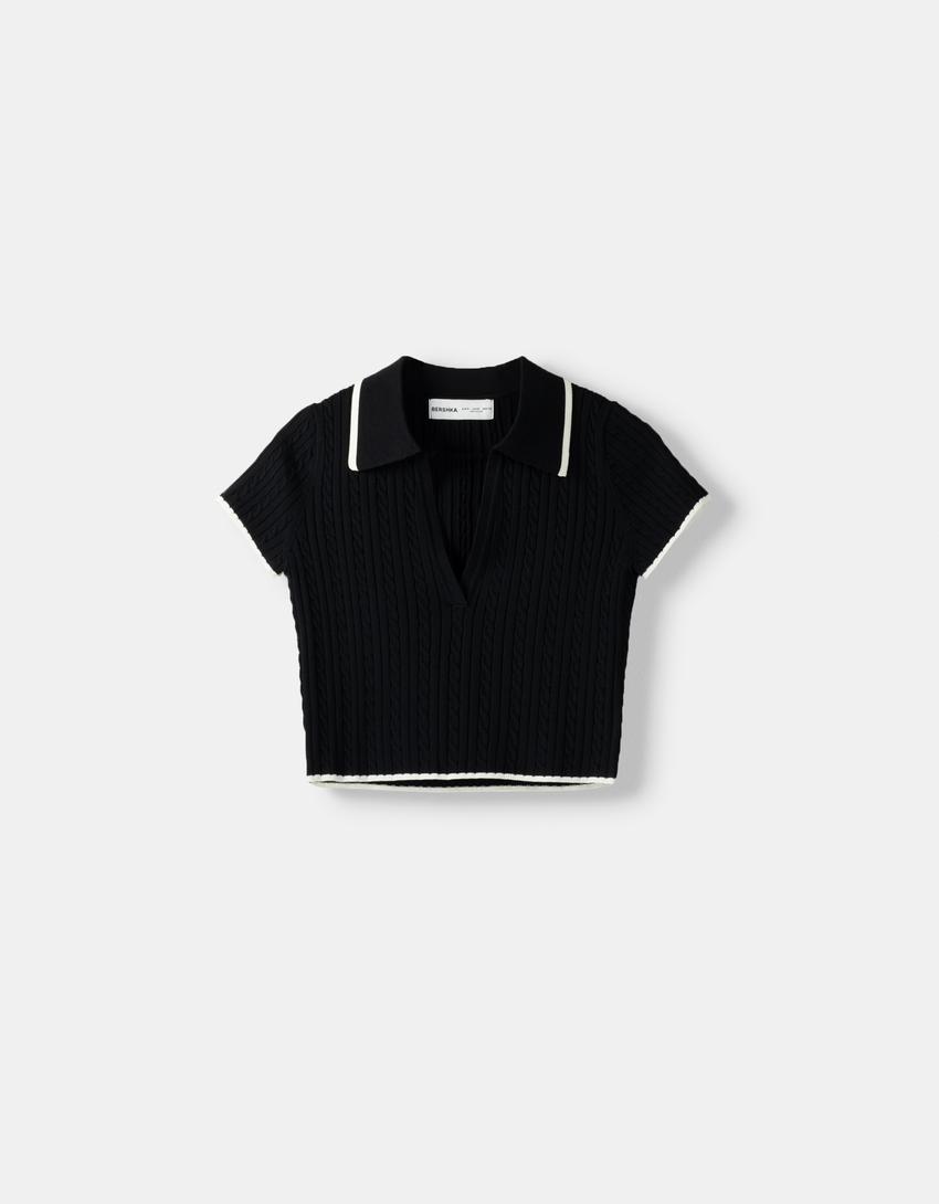 Short sleeve cable-knit polo collar sweater-Black-4