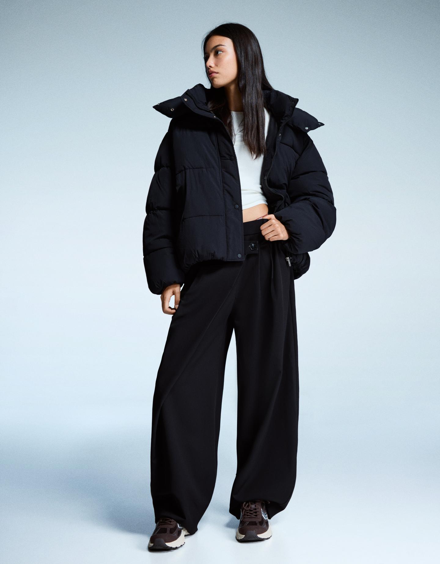 Bershka Cazadora Puffy Capucha Mujer M Negro