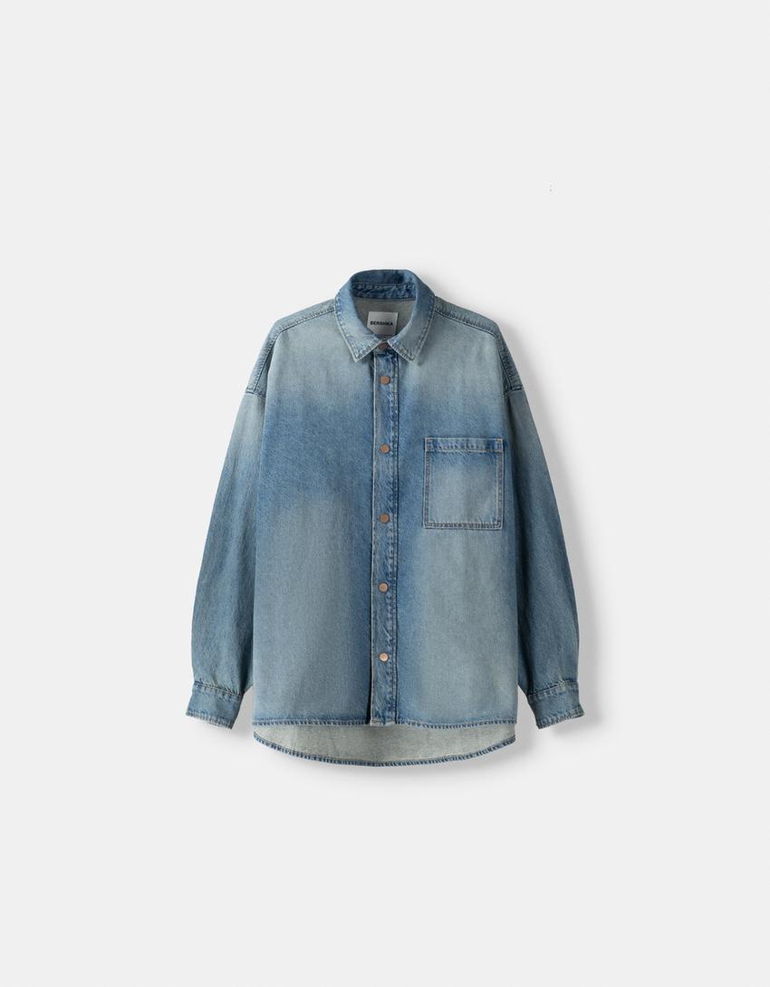 Long sleeve oversize denim shirt-Washed out blue