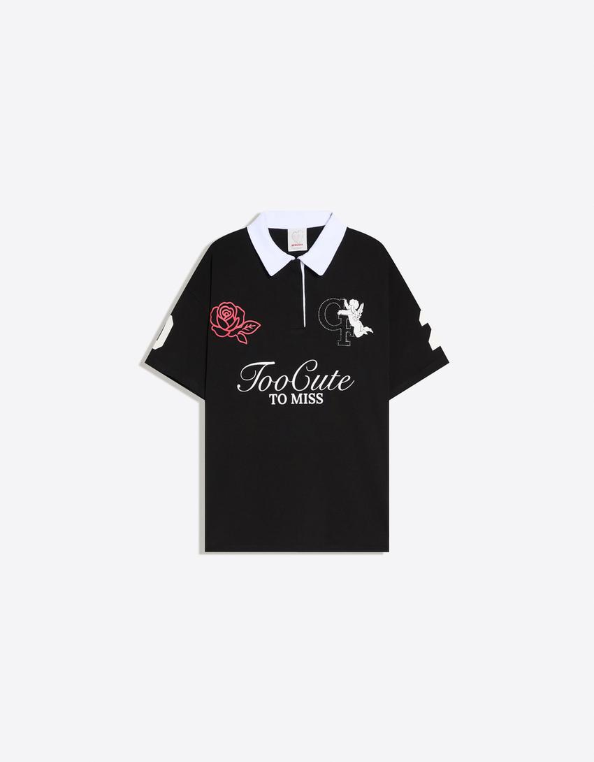 Camiseta cuello polo print strass-Negro