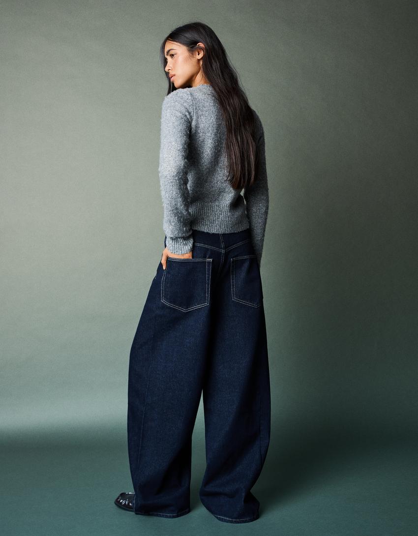 Wide-leg jeans with crossover waist-Navy