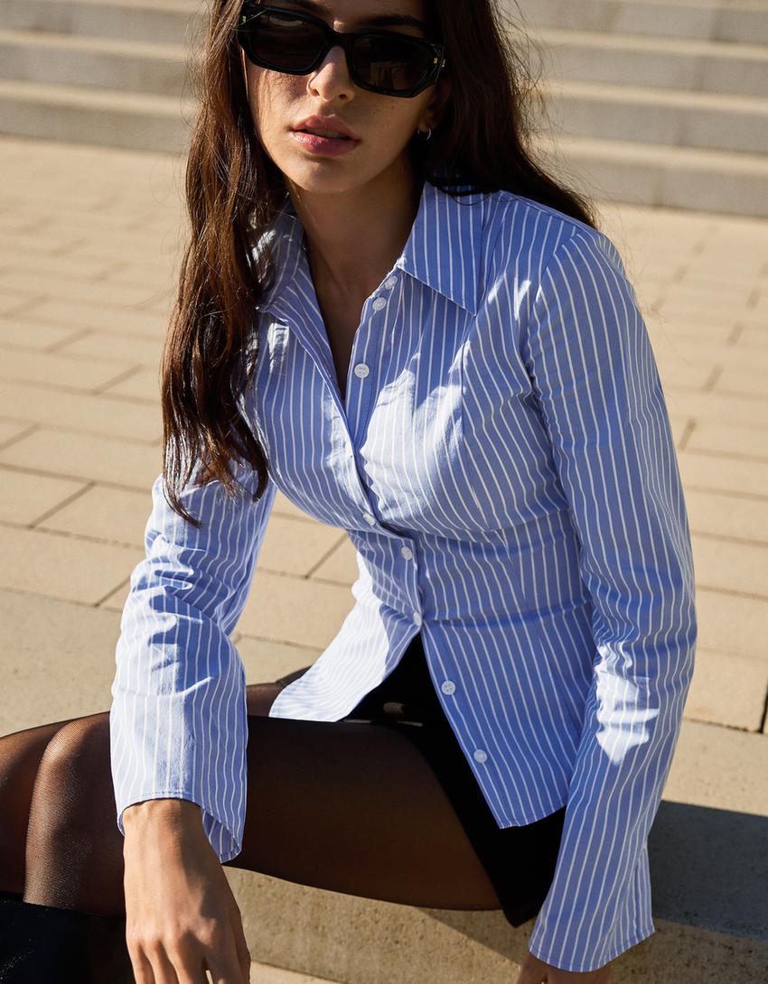 Camisa justa manga flare-Azul