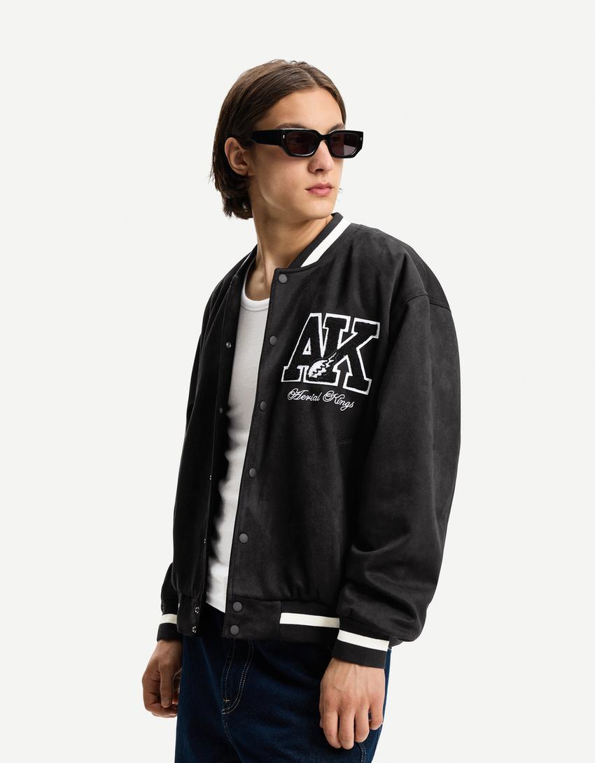 Cazadora varsity efecto suede-Negro-0