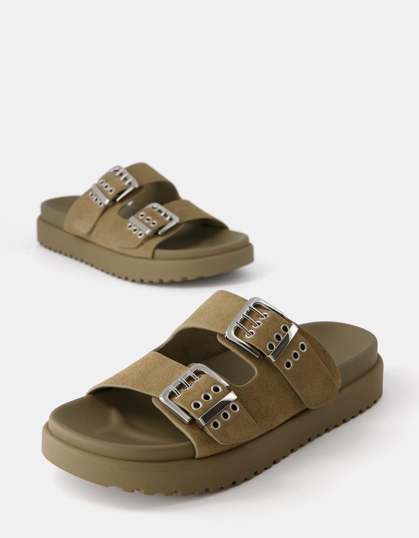 LEATHER buckled flat slider sandals-KHAKI-3