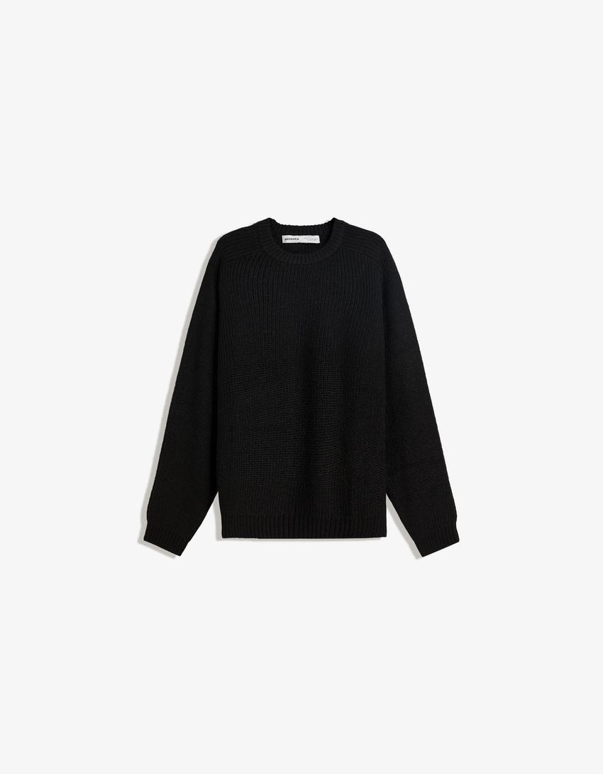 Pull en maille à côtes perlées avec laine-Noir-4