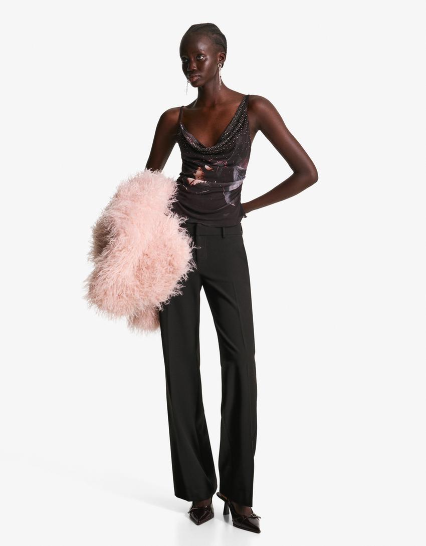 Draped tulle strappy top with rhinestone print-Multicolored