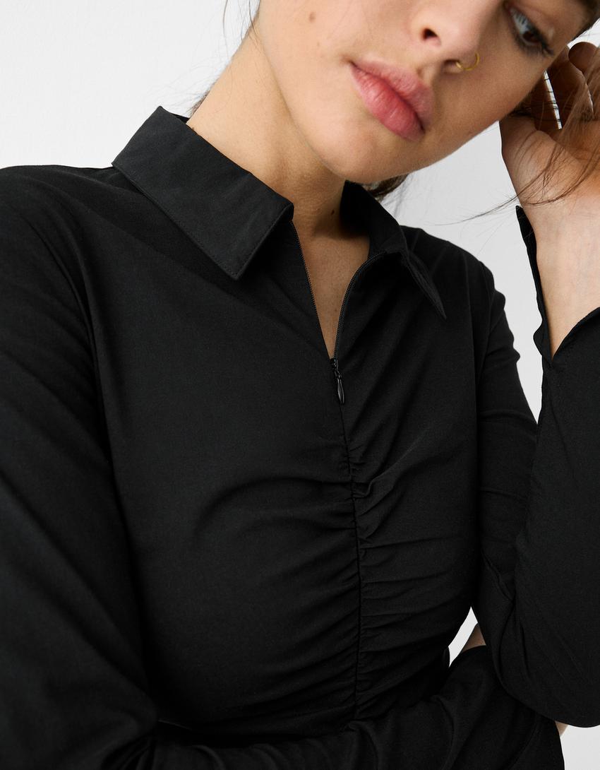 قميص مريح بأكمام طويلة وسحّاب-أسود-5