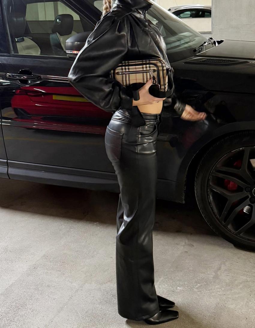 Leather effect boot-cut trousers-Black