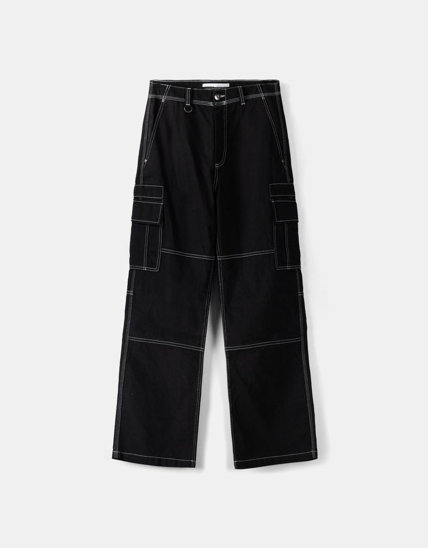 Cotton cargo trousers with contrast seams-Black-4