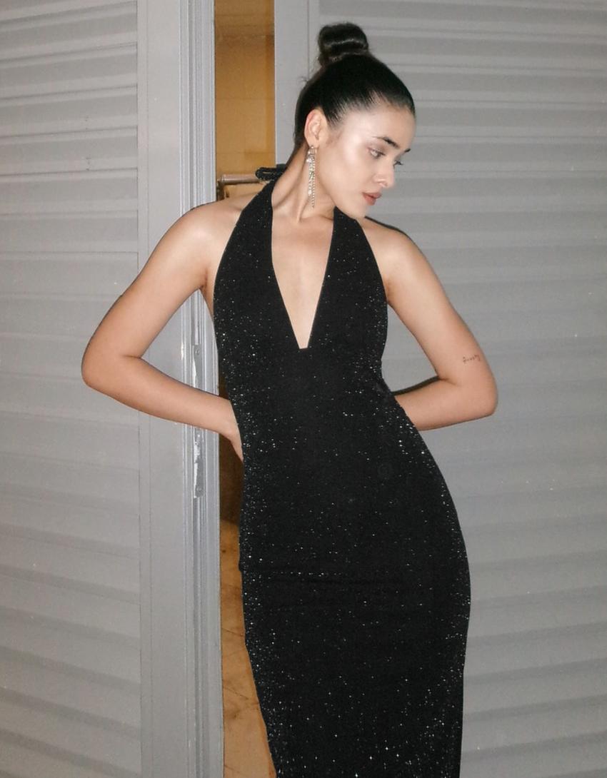 Shimmery halter neck midi dress-Black