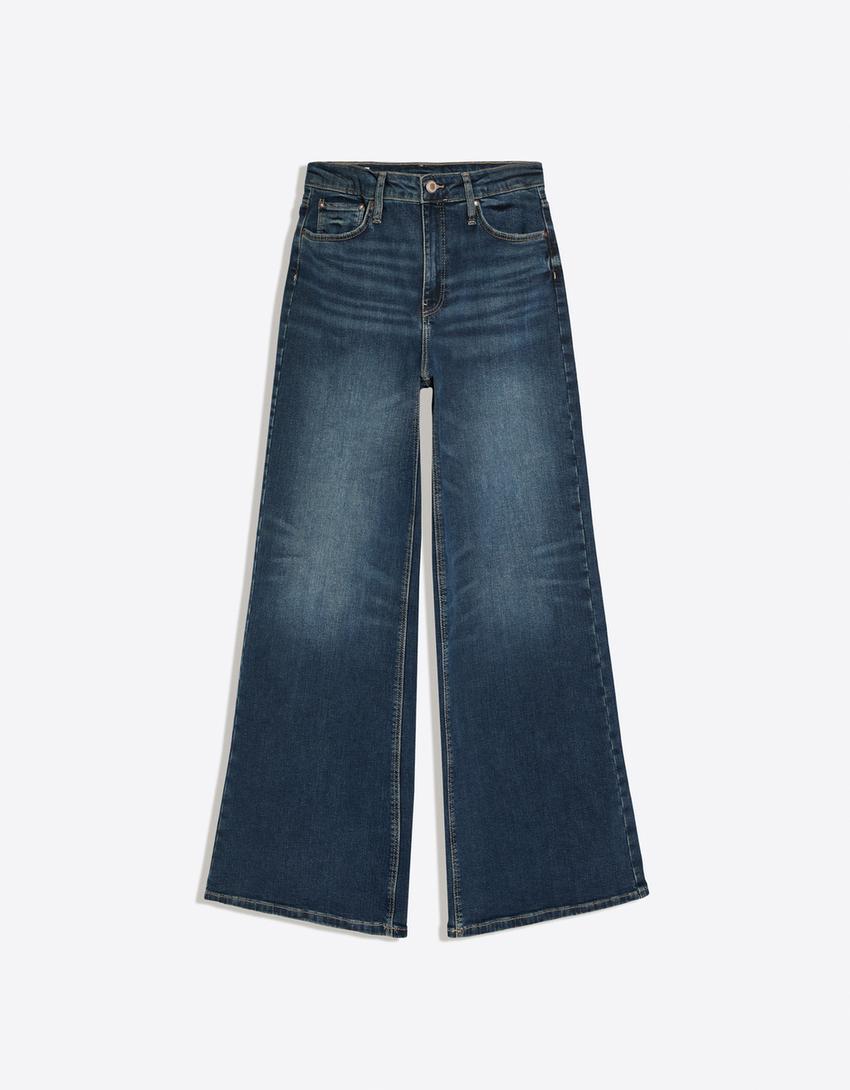 Jeansy wide leg z wysokim stanem-Niebieski