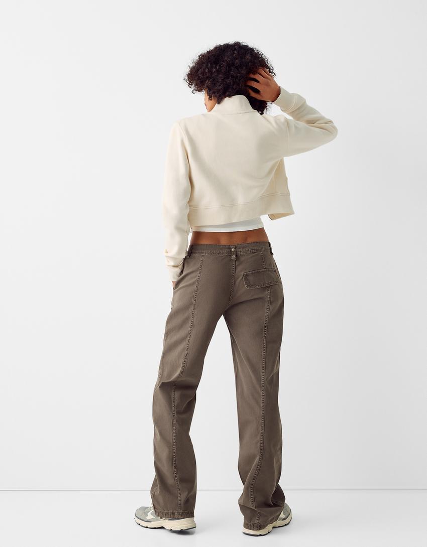 Kayış detaylı low waist pamuklu kargo pantolon-Kum rengi-2