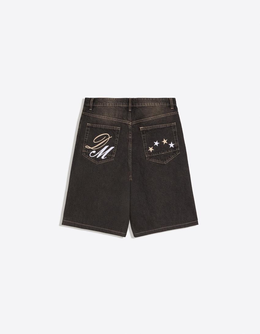 Bermuda jean super baggy brodée-Marron